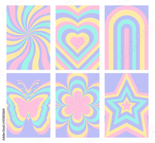Set of groovy hippie 70s backgrounds. Y2k aesthetic rainbow, swirl, heart, star, butterfly. Trendy vector texture in retro psychedelic style. photo