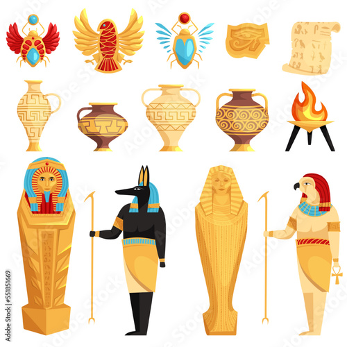 Set of isolated egyptian or Egypt symbols. Ancient egypt mural. Egyptian mythology.