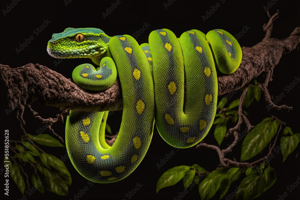 Venomous green tree python perched on a nearby limb. Snake ...