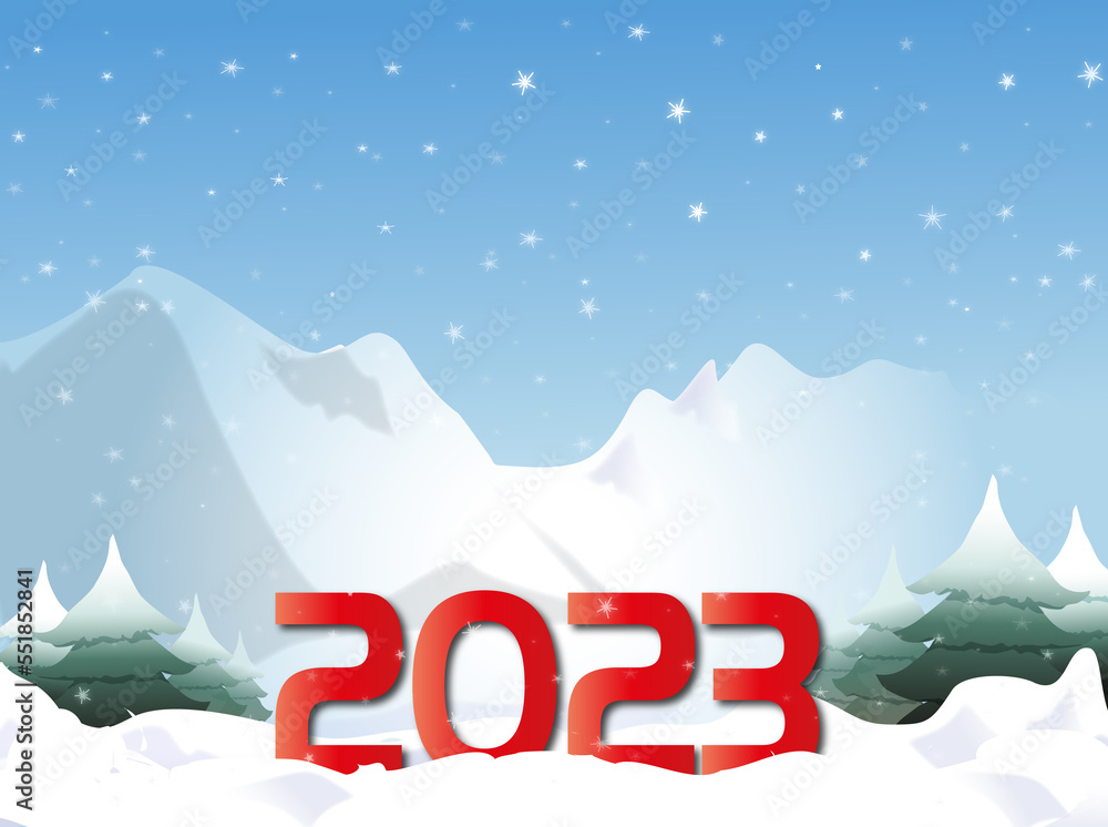 2023 rouge dans paysage de montagnes enneigé et forêt de sapins verts