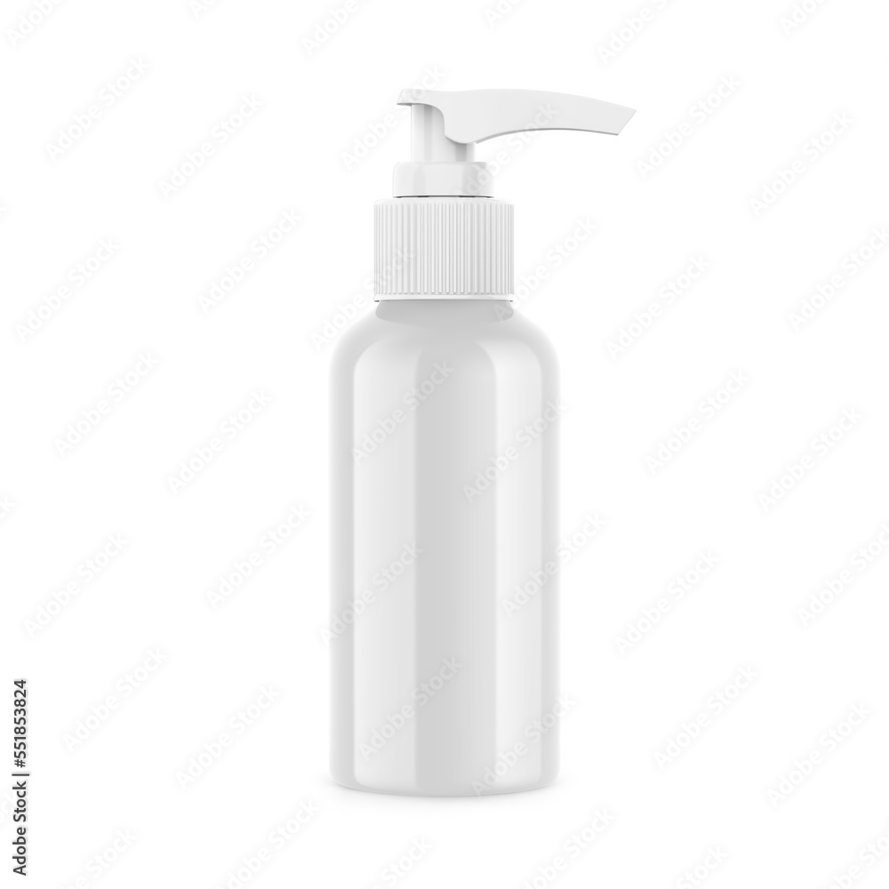 Glossy plastic bottle with dispenser mockup for liquid soap, shampoo, shower gel, lotion, body milk. 3d render illustration Glossy plastic bottle with dispenser mockup for liquid soap, shampoo, shower gel, lotion, body milk. 3d render illustration