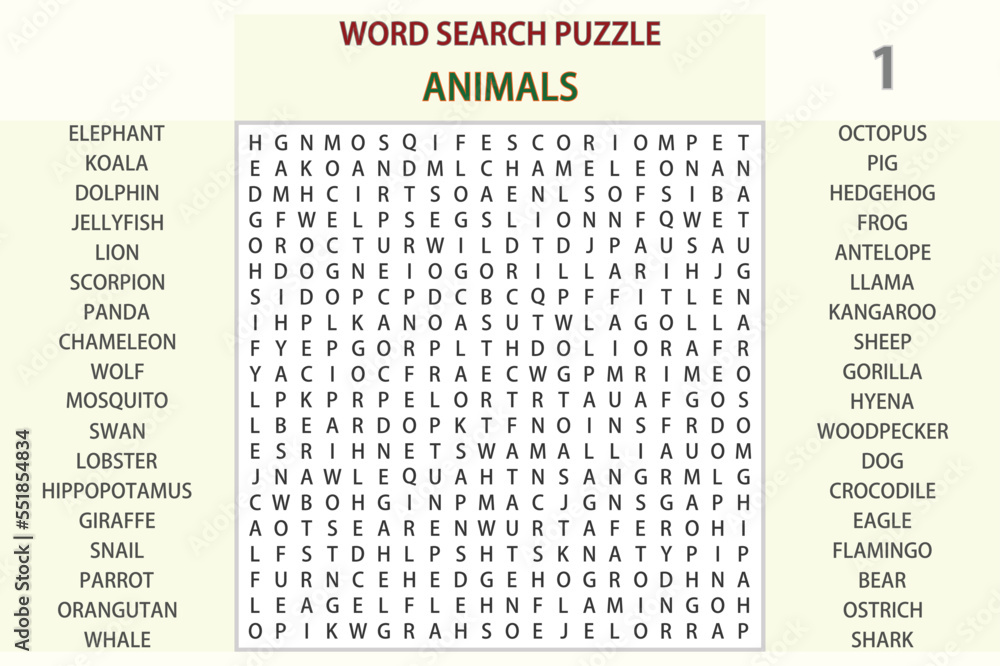 Word Search Puzzle Vector Word Find Game Illustration Animals 01 Word Search Puzzle Vector Word Find Game Illustration Animals 01