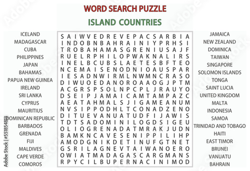 Word search puzzle vector (Word find game) illustration. Island Countries.