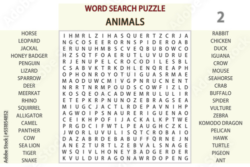Word search puzzle vector (Word find game) illustration. Animals - 02