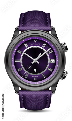 Realistic watch clock black steel grey arrow purple face with fabric strap on white design classic luxury for men vector
