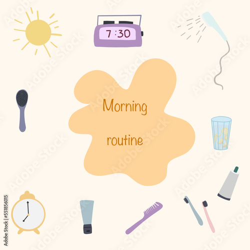 Hand drawn bright set of morning routine objects