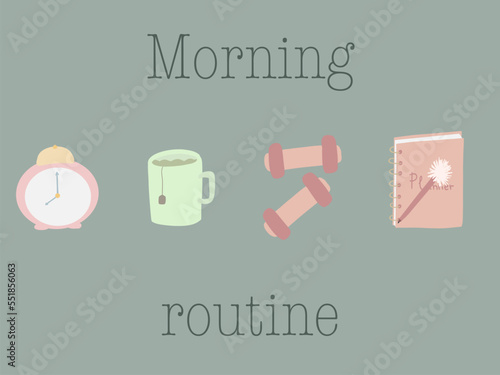 Morning routine hand drawn set with tea alarm sport and planner