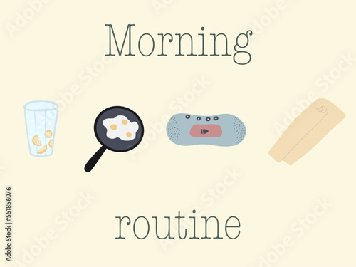 Morning routine yellow background eggs music yoga and lemon water