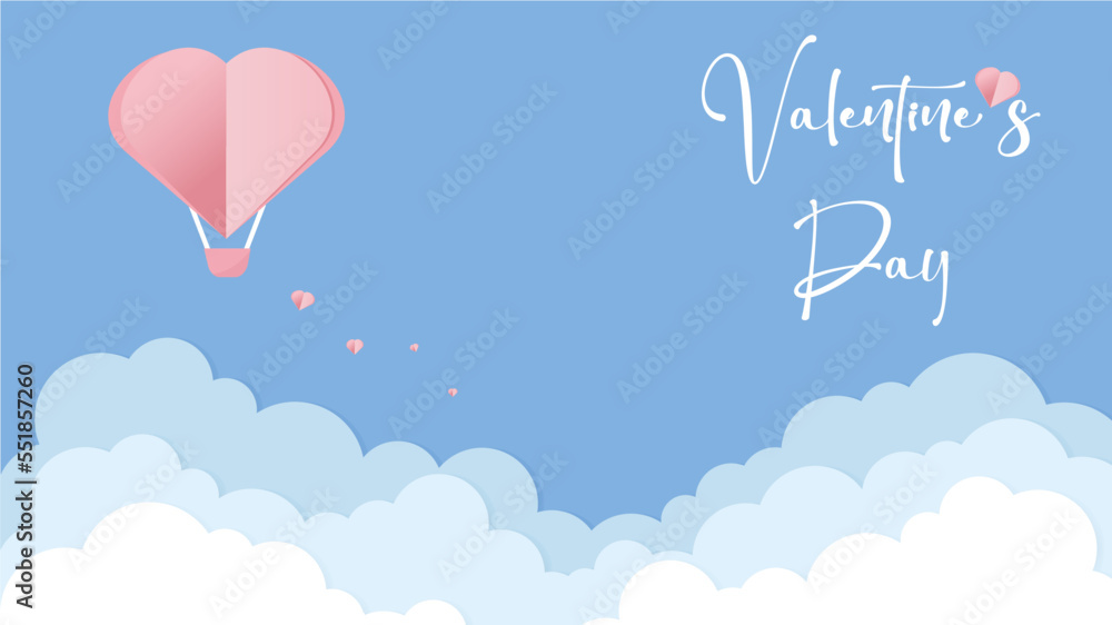 Vector love postcard for Valentine's Day with with heart shaped balloon and flying hearts, paper cut clouds and blue background