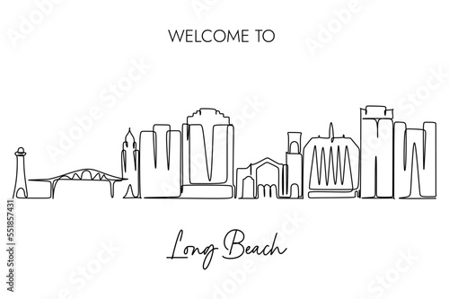One continuous line drawing of Long Beach City Skyline. Simple line art hand drawn style design vector illustration for tourism campaign concept