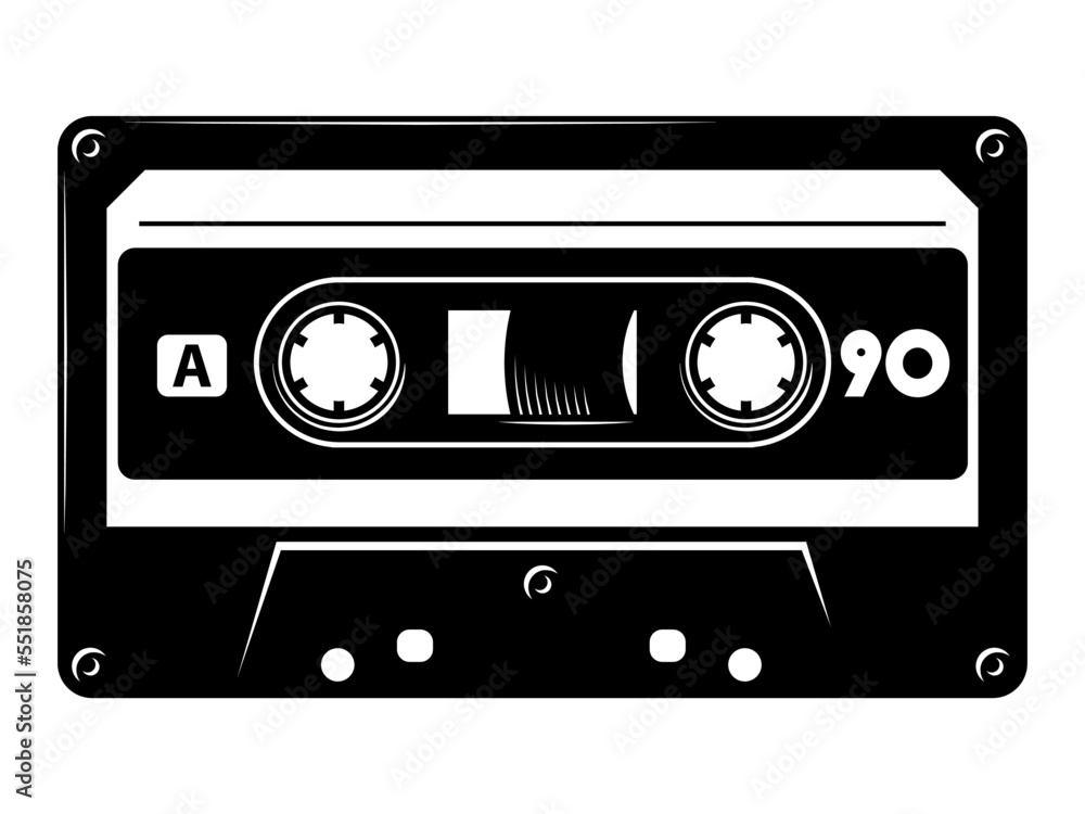 Retro music cassette tape silhouette, 80's, 90's Mixtape eps vector art illustration isolated on white background.