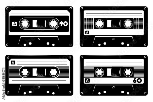 Audio cassette tape silhouette graphics, retro 80's Mixtape eps images vector art  illustrations isolated on white background.