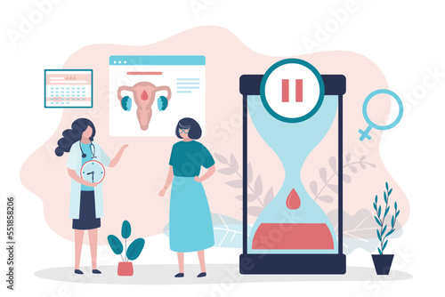 Cute woman patient talking with doctor gynecologist about menopause. Sandglass, biological clocks, limited fertility. Medical concept, feminine age. Climacteric. Menstrual periods.