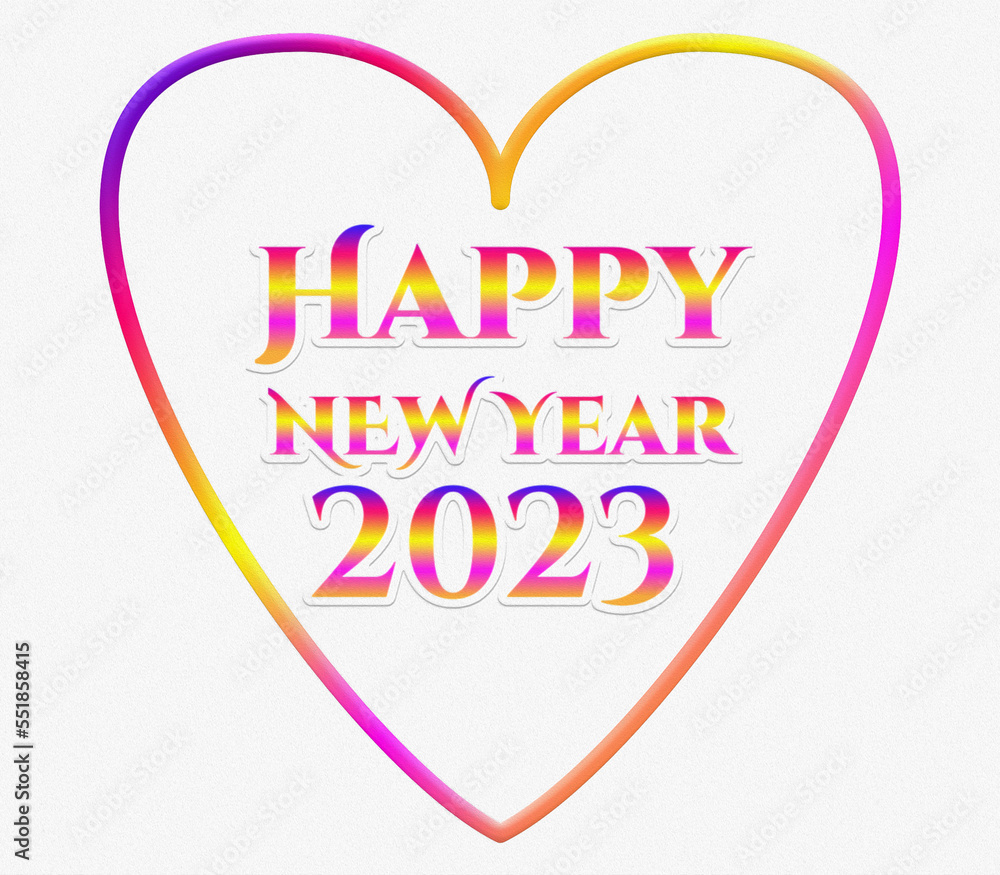 Happy New Year 2023 lettering on white illustration background with heart shape. Greeting card design template