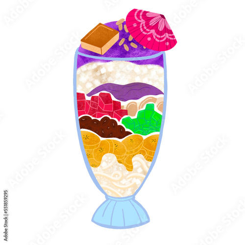 Filipino halo-halo with pink paper parasol in tall glass