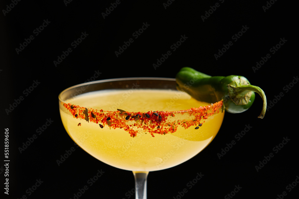 cocktail with vodka, green chili pod in martini glass - obrazy, fototapety, plakaty 