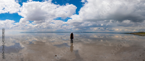 Panorama of dried area of salt lake, located in the Central Anatolia, Turkey. Lake Tuz is the second largest lake in Turkey and one of the largest hypersaline lakes in the world. photo
