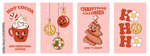 Trendy christmas groovy poster set with retro cartoon characters and elements. Hot cocoa and christmas movies, ho-ho-ho, christmas calories dont count. Vibes 70s. 
Stories template, postcard, poster.
