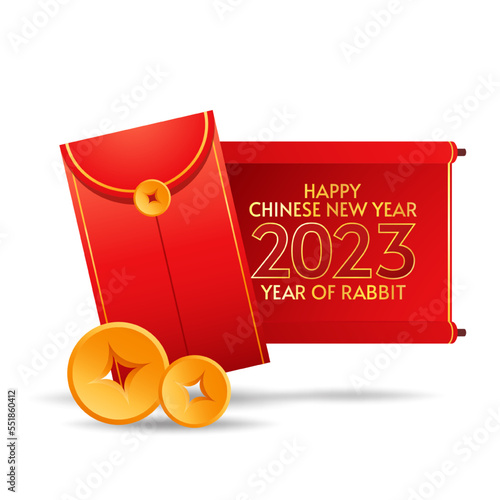 Red envelope and Chinese gold coin graphic vector. Chinese new year 2023. Year of rabbit.