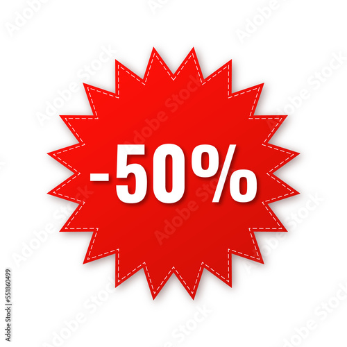 Sale, price tag or label 50 % isolated on transparent background. Shopping sticker and badge for merchandise and promotion. Red sticker for web banners with realistic shadow.