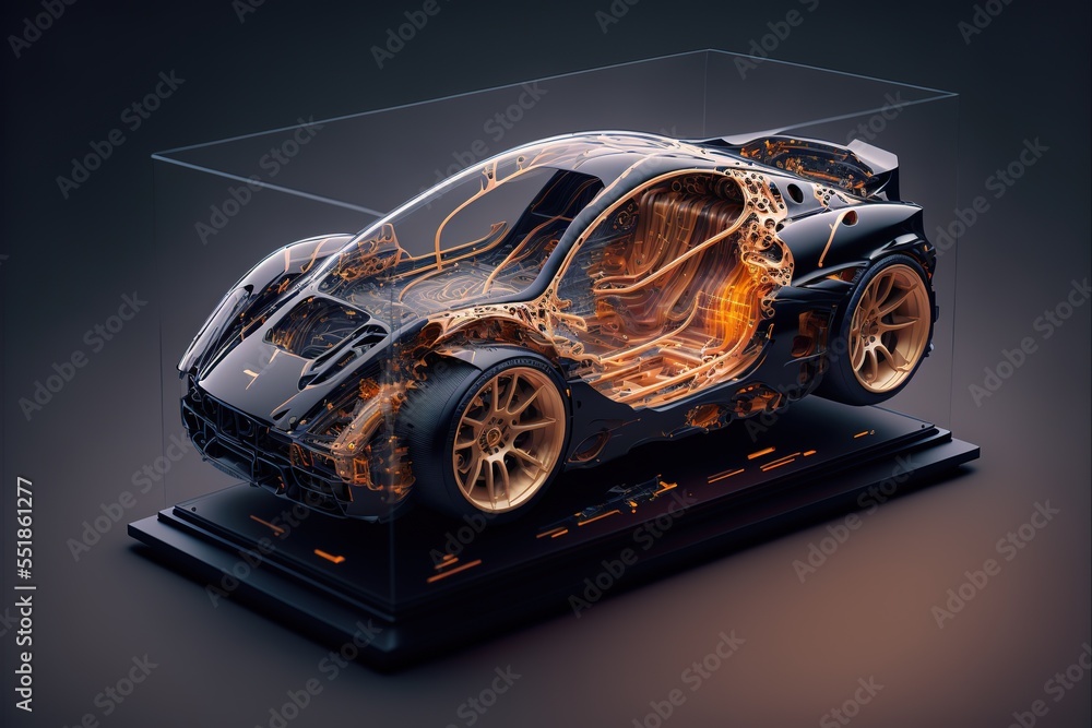 Naklejka premium Supercar knolling parts transparent data visualization infographics display style. generative AI artwork that doesn't exist in real life. 
