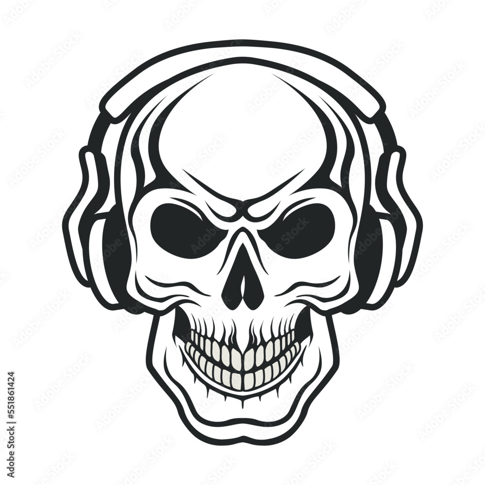 Hand drawn human skull wearing in black and white headphone. Sketch style vector illustration isolated on white background. Outline vector skull in black. Tattoo