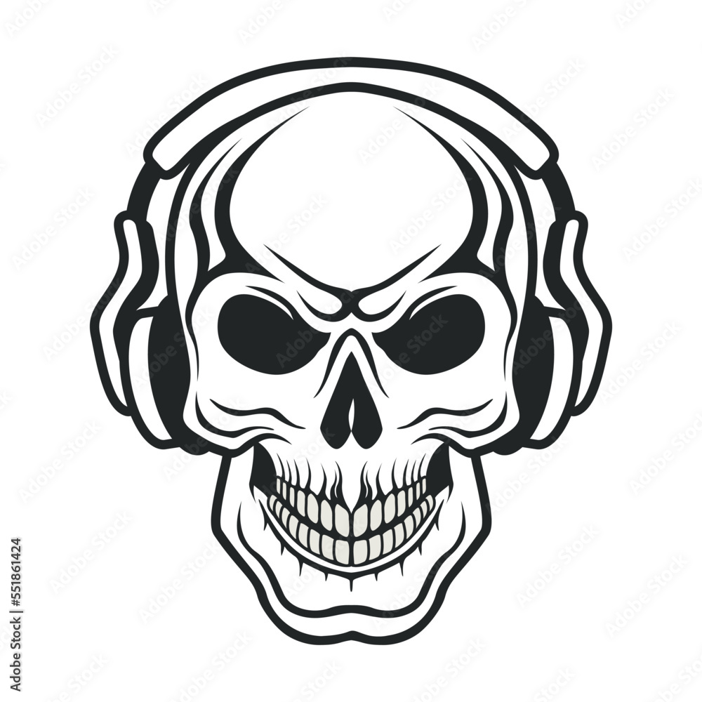 Hand drawn human skull wearing in black and white headphone. Sketch style vector illustration isolated on white background. Outline vector skull in black. Tattoo Hand drawn human skull wearing in black and white headphone. Sketch style vector illustration isolated on white background. Outline vector skull in black. Tattoo