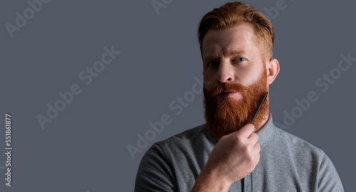bearded man combing beard isolated on grey background with copy space.