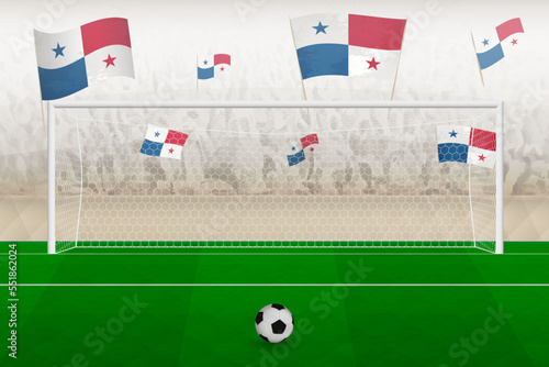Panama football team fans with flags of Panama cheering on stadium, penalty kick concept in a soccer match.