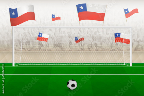Chile football team fans with flags of Chile cheering on stadium, penalty kick concept in a soccer match.