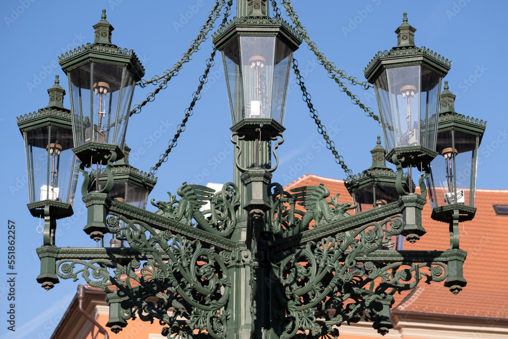 Detail of the Old lantern gas lamp candelabra on Hradcany Square in Prague Detail of the Old lantern gas lamp candelabra on Hradcany Square in Prague