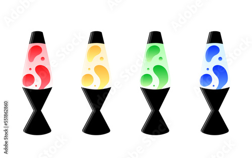 Set of Lava lamps with liquid gradient inside. Concept of astro and disco 70s decor. Vector illustration
