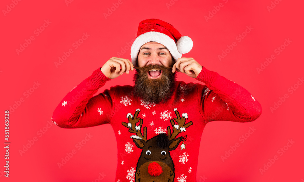 Bearded man santa hat. Changes and improvements. Winter holiday fun. Emotional hipster with mustache winter sweater. Santa man. New year party. Stay warm in new home this winter. Christmas time