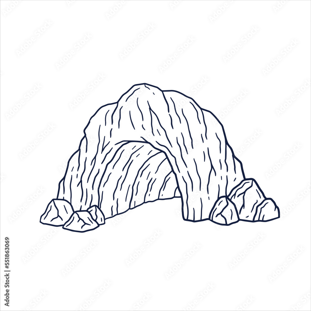 Entrance to cave. Stone mountain with underground dungeon. Hand drawn cartoon illustration. Entrance to cave. Stone mountain with underground dungeon. Hand drawn cartoon illustration.