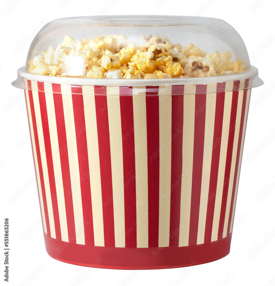 Paper striped bucket with popcorn isolated on white Paper striped bucket with popcorn isolated on white