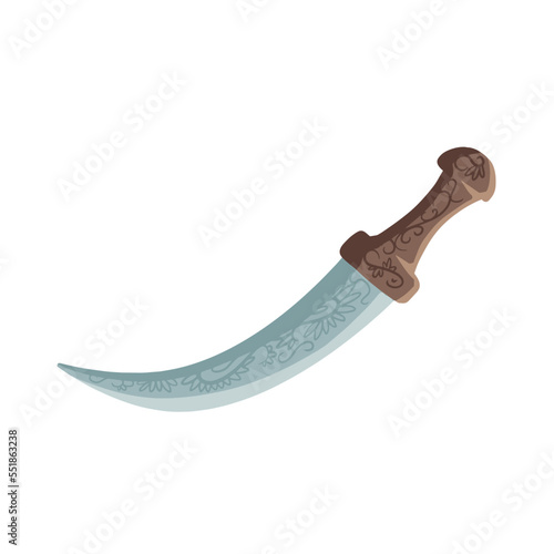 Arab dagger with curved blade. Omani culture and weapons. Yemeni knife with ornament. Flat illustration
