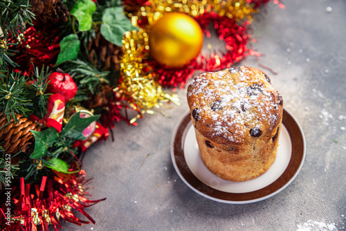 panettone Christmas sweet dessert traditional baking easter cake fresh healthy meal food snack on the table copy space food background rustic top view