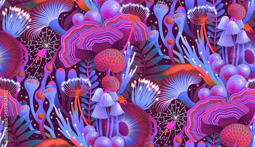 Seamless pattern with psychedelic mushrooms and cats. Magical forest.