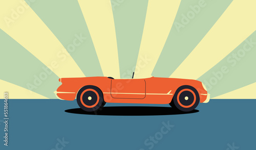 Red retro car background in American style on a striped background. Vintage retro. Taxi design and various purposes. © Dukhanina Ekaterina