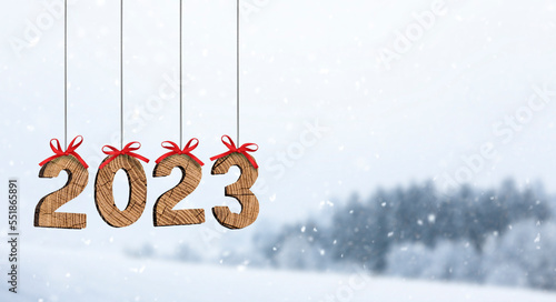 Jahreszahl 2023 in Holzziffern vor Unscharfem hintergrund