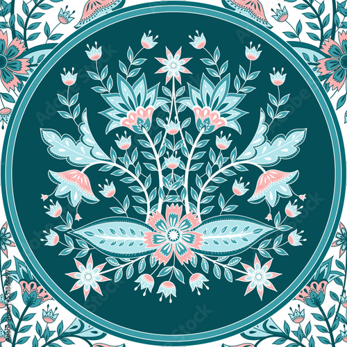 Flower chintz indian pattern seamless vector. Botanical batik paisley border background. Turkish floral print design for wallpaper, home textile, curtain fabric, clothing, india wedding. photo