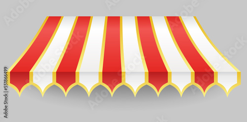 Awning element. Sunshade prevent sunlight and rain. Shop decorating. Outdoor vintage striped canopy. Marketplace tent roof, template for design photo