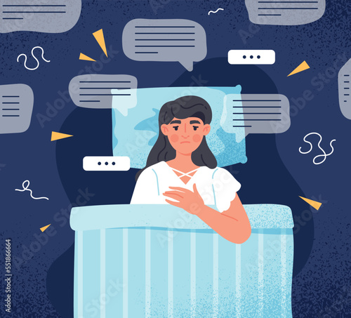 Woman with insomnia. Young girl lies on bed at night. Mental problems and psychology, sleep disorder. Wrong daily routine metaphor. Poster or banner for website. Cartoon flat vector illustration