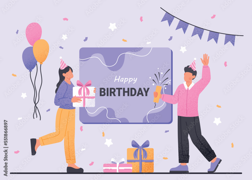 People and birthday card. Holiday and festival, party and event characters. Joy and happiness, guy with rocket and woman with gift box, surprise. Poster or banner. Cartoon flat vector illustration People and birthday card. Holiday and festival, party and event characters. Joy and happiness, guy with rocket and woman with gift box, surprise. Poster or banner. Cartoon flat vector illustration