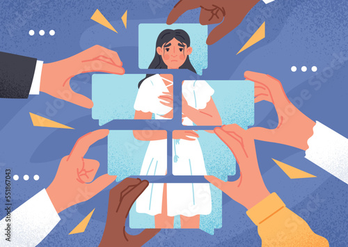 Person dependent on opinion. Hands collect woman from pieces. Negative emotions and sadness, psychology. Character with low self esteem, lack of confidence concept. Cartoon flat vector illustration