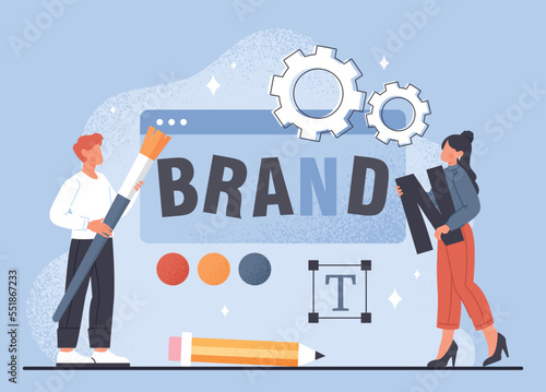 Concept of rebranding. Man and woman replace letters with colored ones in word brand. Marketing and advertising, creative individuals. Poster or banner for website. Cartoon flat vector illustration