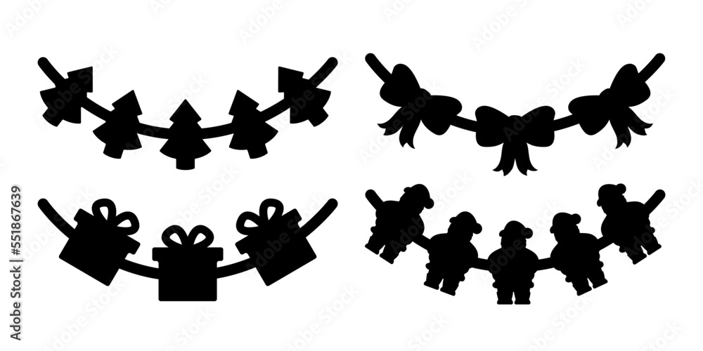 Christmas garlands. Vector set of black icons. Clipart isolated on