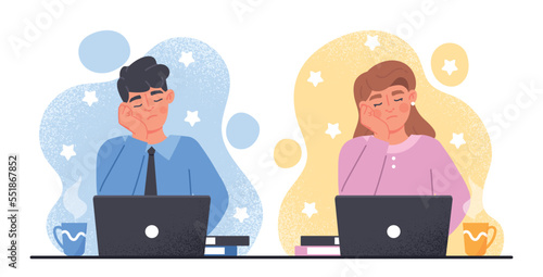 Sleepy work concept. Man and woman sitting at workplace, resting their heads on their hands. Emotional burnout and low energy levels. Cartoon flat vector illustrations isolated on white background