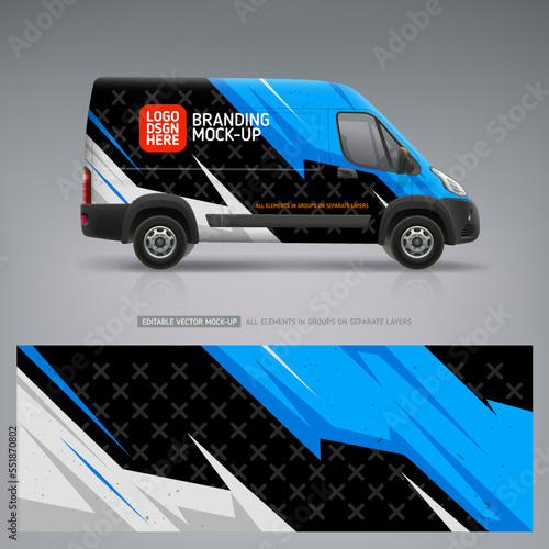 Realistic Van mockup with racing wrap decal or livery design. Abstract blue and black racing graphics backround. Editable vector template
 photo