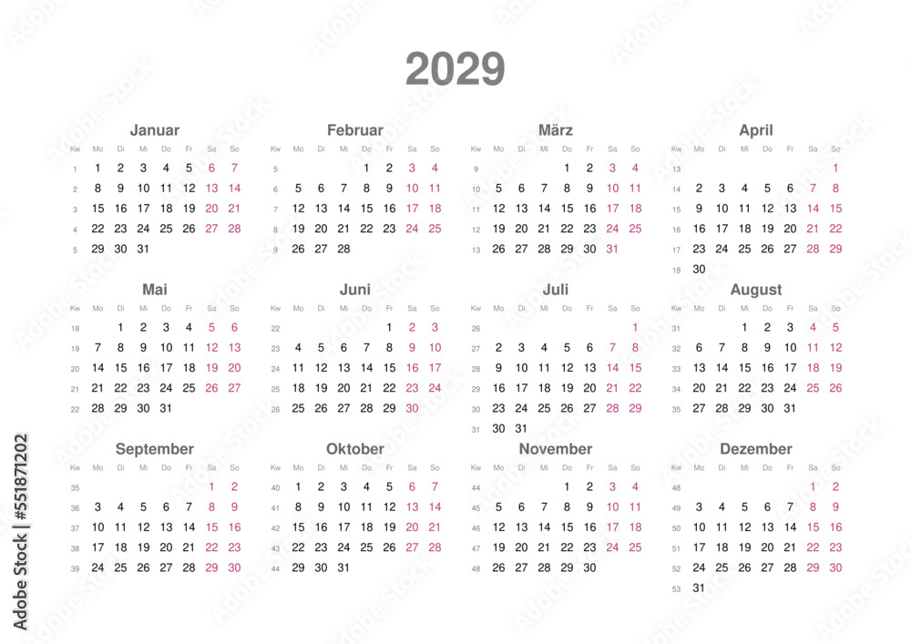 Kalender 2029 mit Wochenzählung, deutsch, Querformat Kalender 2029 mit Wochenzählung, deutsch, Querformat
